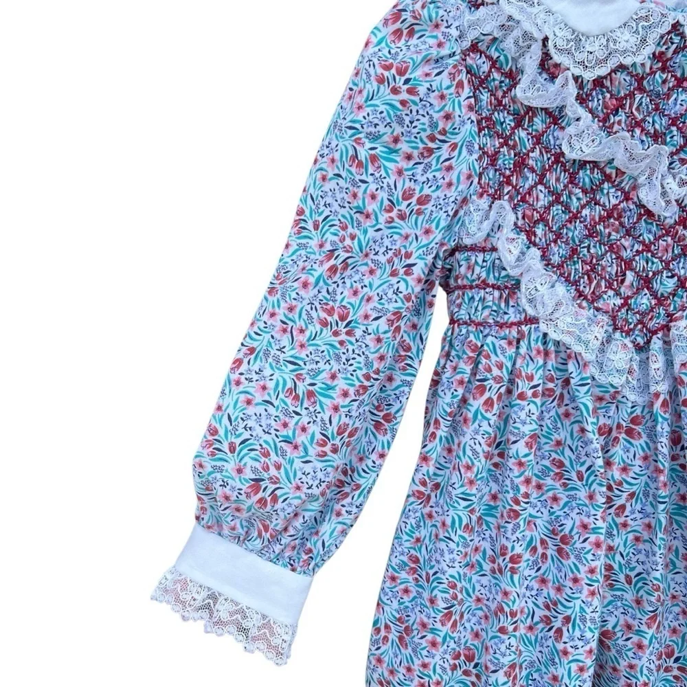 Vtg Polly Flinders Delicate Floral Long Sleeve Dress Diamond  Smocked Lace Sz 3T